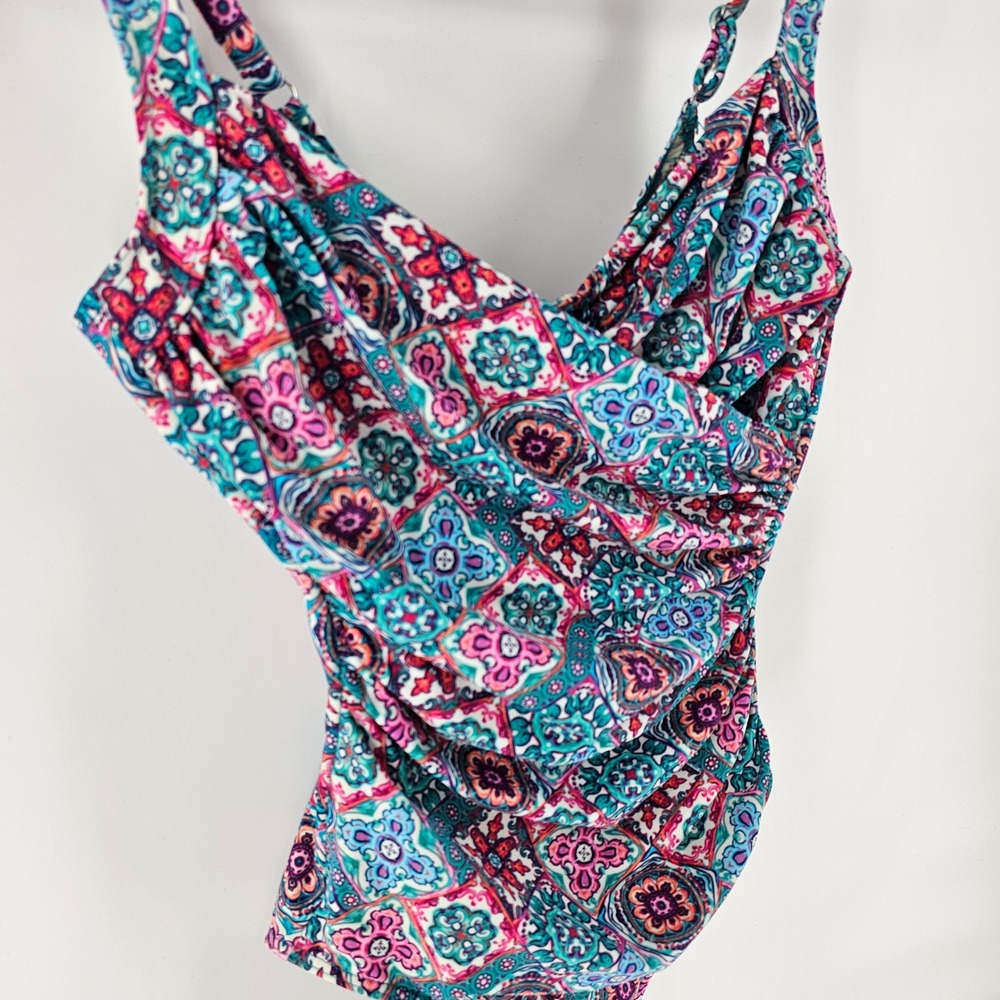 Miraclesuit One Piece Swimsuit 6 Pink Blue Ruched Medallion Slimming Resort Boho - Picture 4 of 10